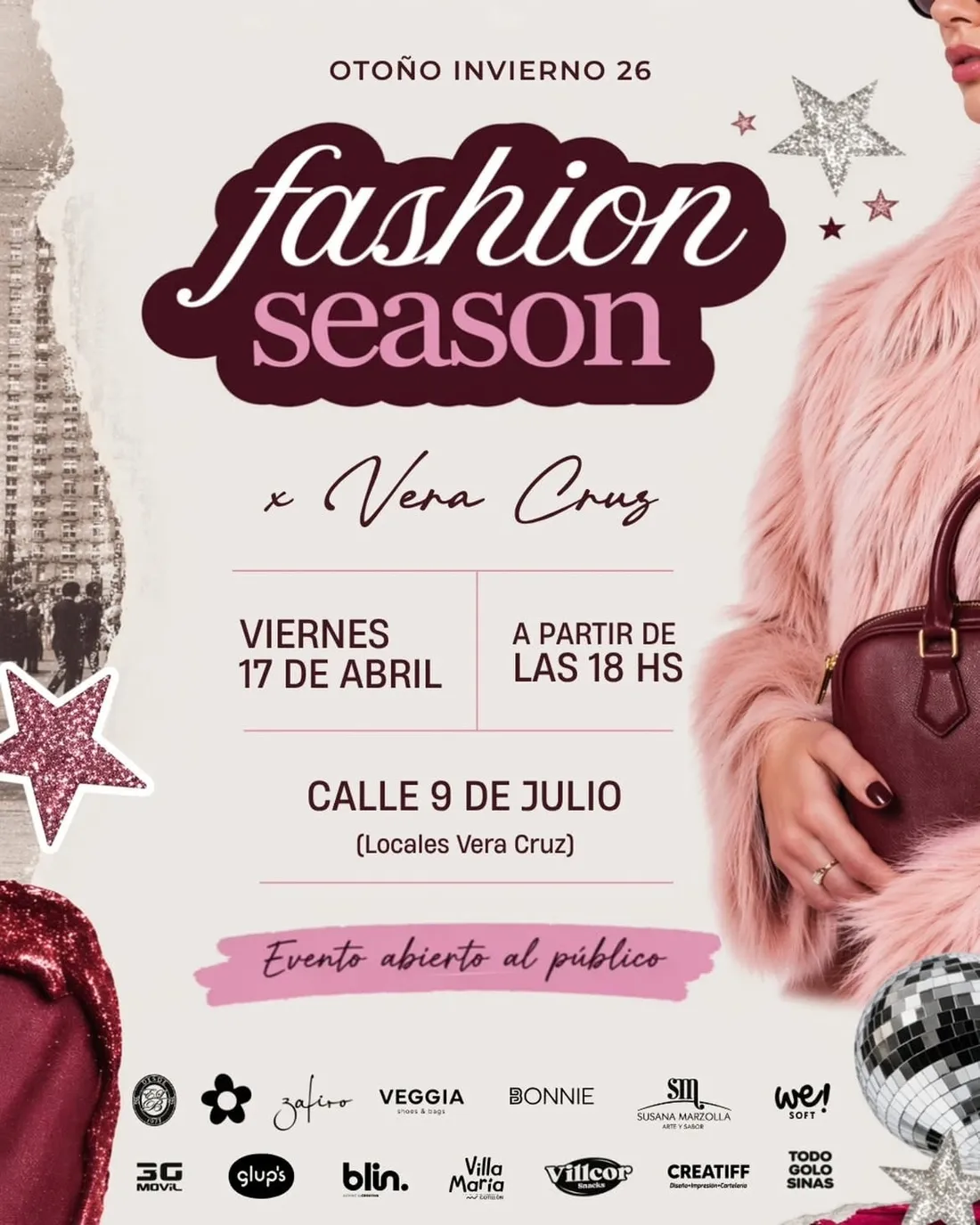 Flyer de Fashion Season x Vera Cruz: viernes 17 de abril, a partir de las 18 hs, calle 9 de Julio